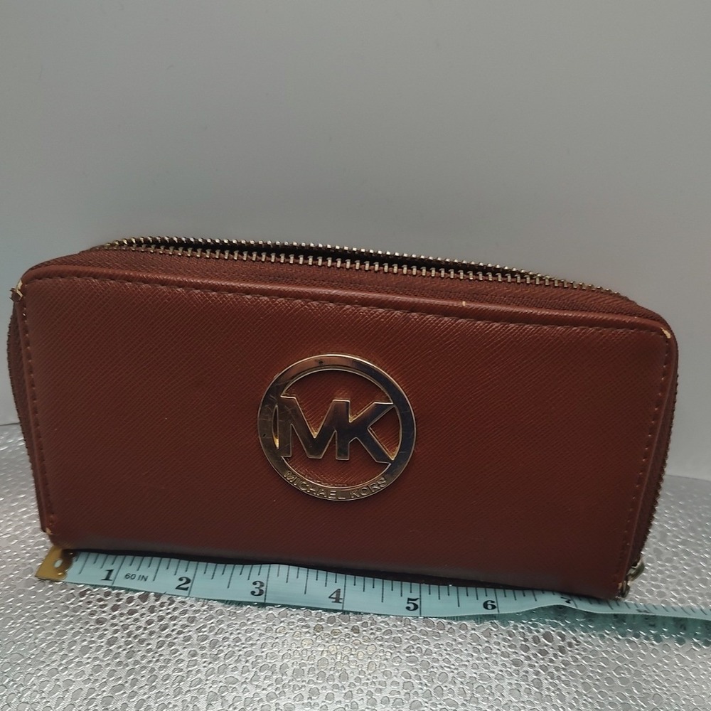 Michael Kors MK Logo Zip Around Wallet Brown Saffiano Leather